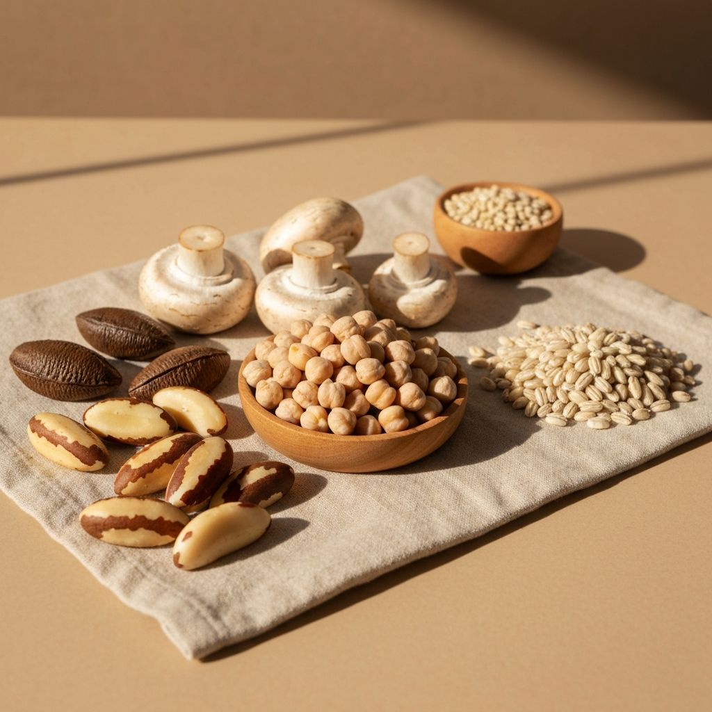 Variety of selenium-rich foods including Brazil nuts and mushrooms